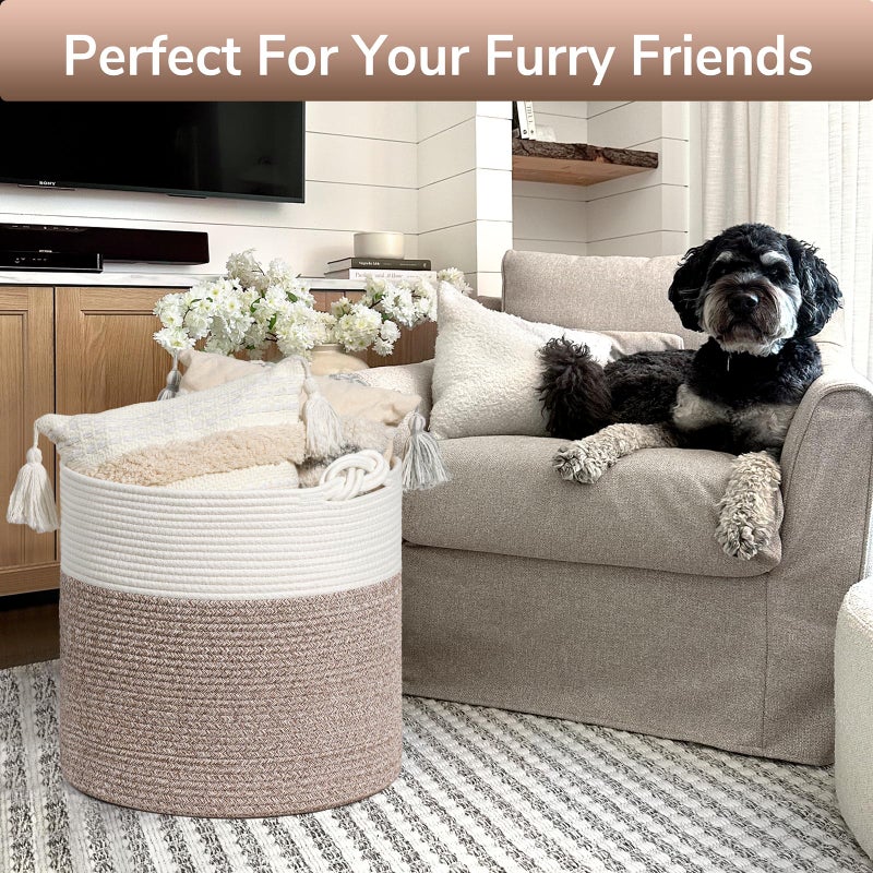 Goodpick Woven Laundry Basket, 15 x 14.2 Inches Cotton Rope Basket for Blankets, Soft Blanket Storage Baskets with Handles for Living Room, Woven Toy Storage Organizer for Nursery, Brown - Image 5